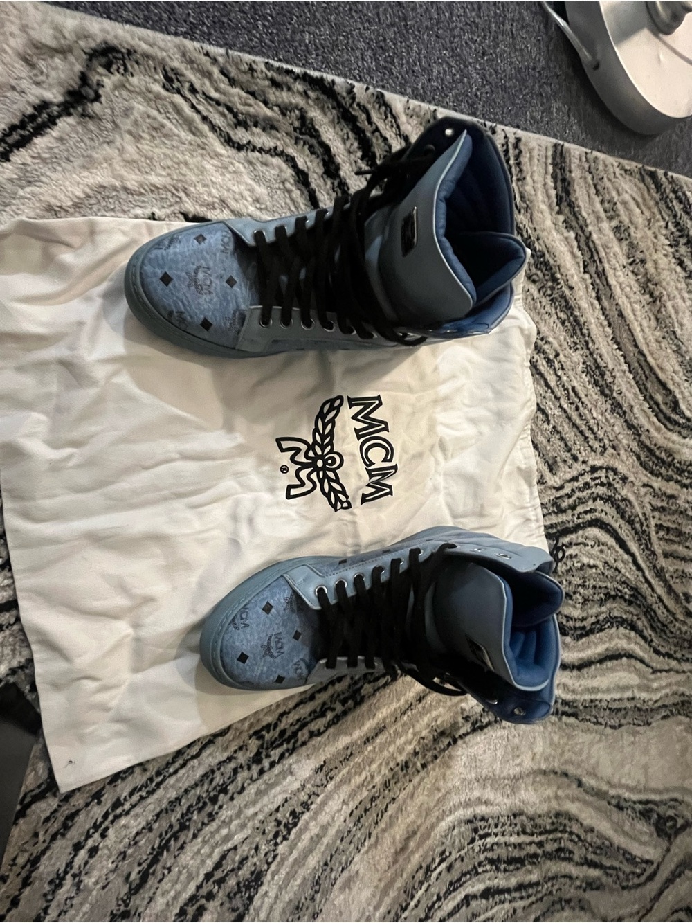 MCM Light Blue High-Top Logo Sneakers with Black Laces - Picture 1 of 5